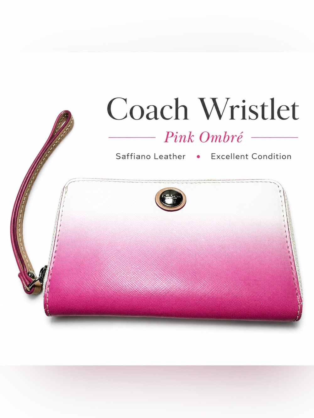 Coach Peyton Pink White Ombre Saffiano Leather Zip Around Wristlet Wallet EUC